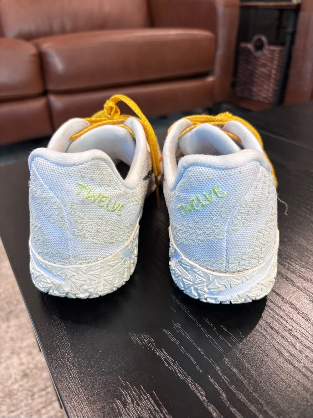 Nike Kids White Sneakers with Yellow Laces and Black Swoosh